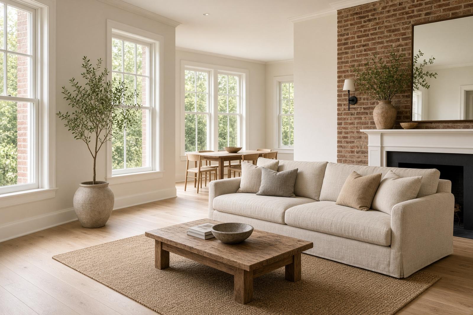 Bright living room with oak floors and tall windows