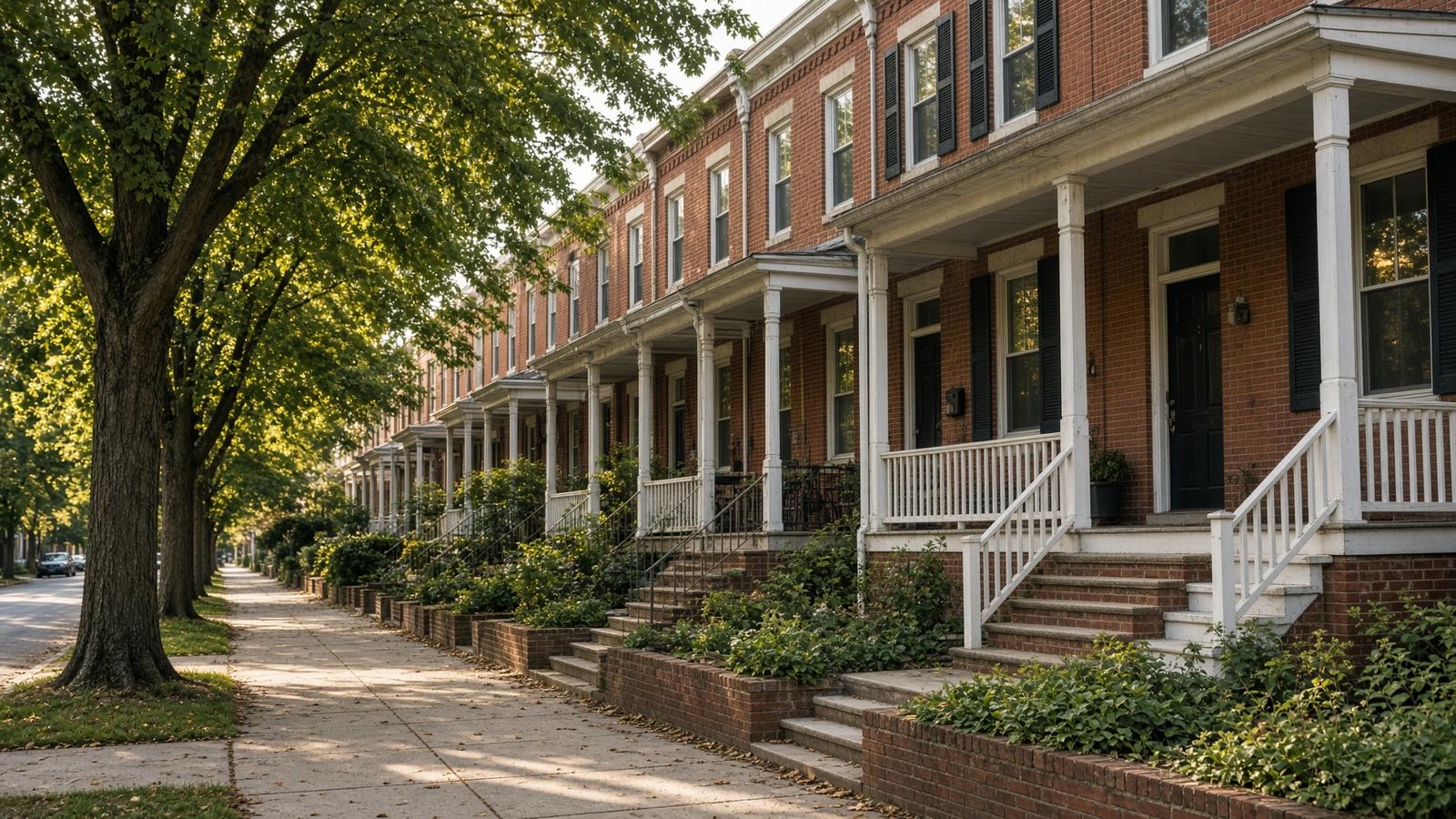 Quiet residential street lined with trees and front porches